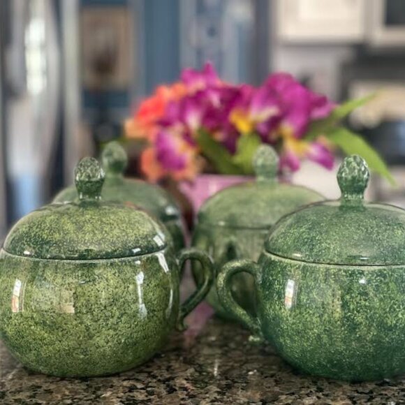 Cancello Green Lidded Bowls - Deruta Italy Dinnerware, Set of 4 - Picture 12 of 12